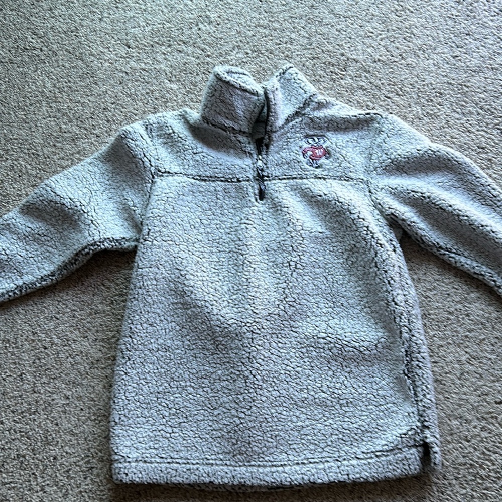 UW Wisconsin Madison badger three-quarter zip light, gray fuzzy sweatshirt